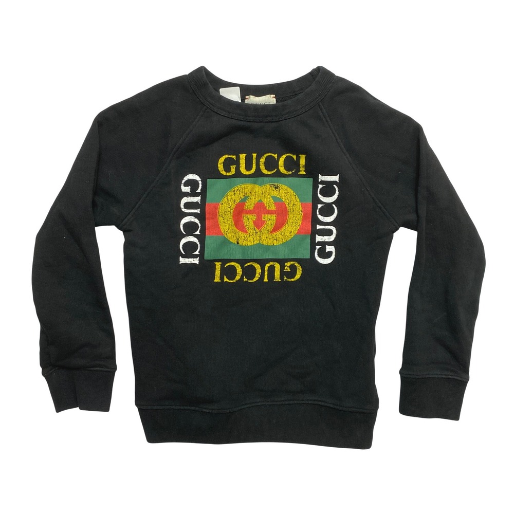 Gucci Sweatshirt Kids 8 Black Vintage Logo Distressed Graphic Made in Italy